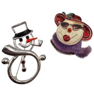 Brooch 2PC Christmas Snowman Couple Mr & Mrs Cute Holiday Winter Festive Pins